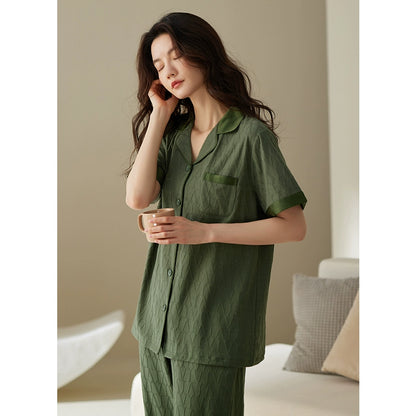 pajamas women's summer cotton short-sleeved trousers can be worn outside textured high-end large-size loungewear
