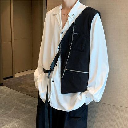 Bonsir Patchwork Contrast Color Long Sleeves Necklace High Street Outer Wear Vest