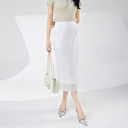 White skirt women's spring and summer new mesh double-layer breathable advanced sense split temperament pleated one-step hip-wrap skirt