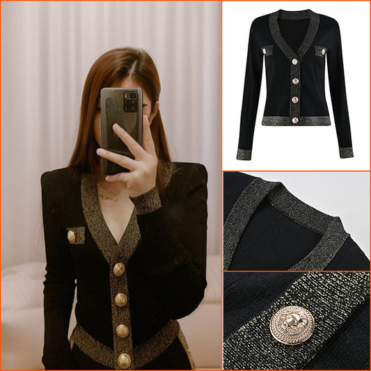 Small Fashion Suit Pants Autumn and Winter New Black Knitted Sweater High Waist Skinny Wide Leg Pants Two-piece Set KZ018