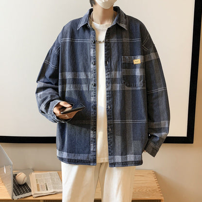 sanyamk fall mens outfits Plaid Shirt Men's Trendy Spring New Hong Kong Style Trendy Youth Loose Shirt Boys Couple Coat