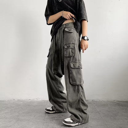 sanyamk 90s fashion men Multi-Pocket Overalls Men's Original American High Street Retro Hip Hop Ruan Handsome Japanese Straight Casual Pants Fashion