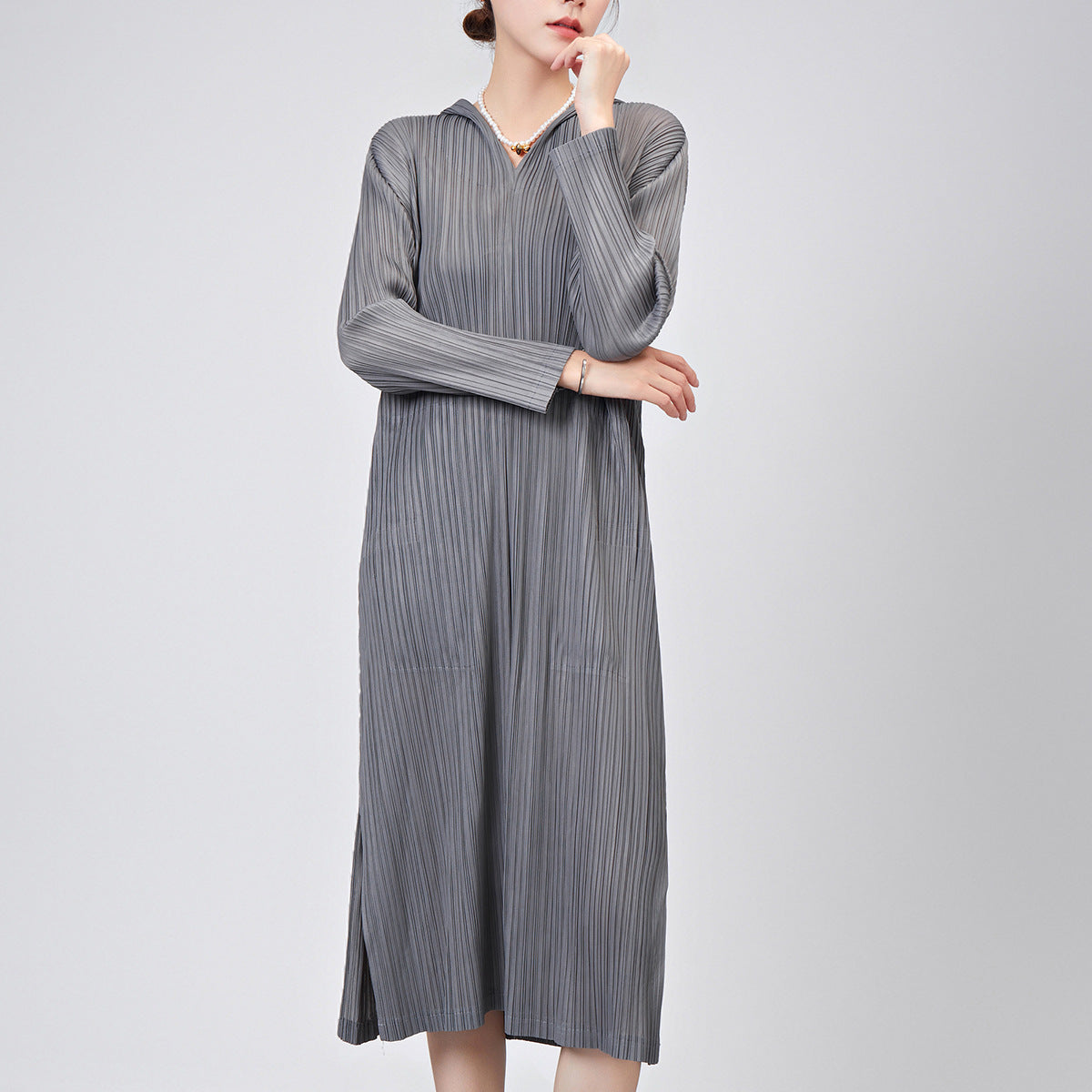 Pleated Skirt Dress Women's Summer Temperament Casual Hooded Long Sleeve Loose Large Size Split Fork Premium Medium and Long Skirt