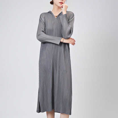 Pleated Skirt Dress Women's Summer Temperament Casual Hooded Long Sleeve Loose Large Size Split Fork Premium Medium and Long Skirt
