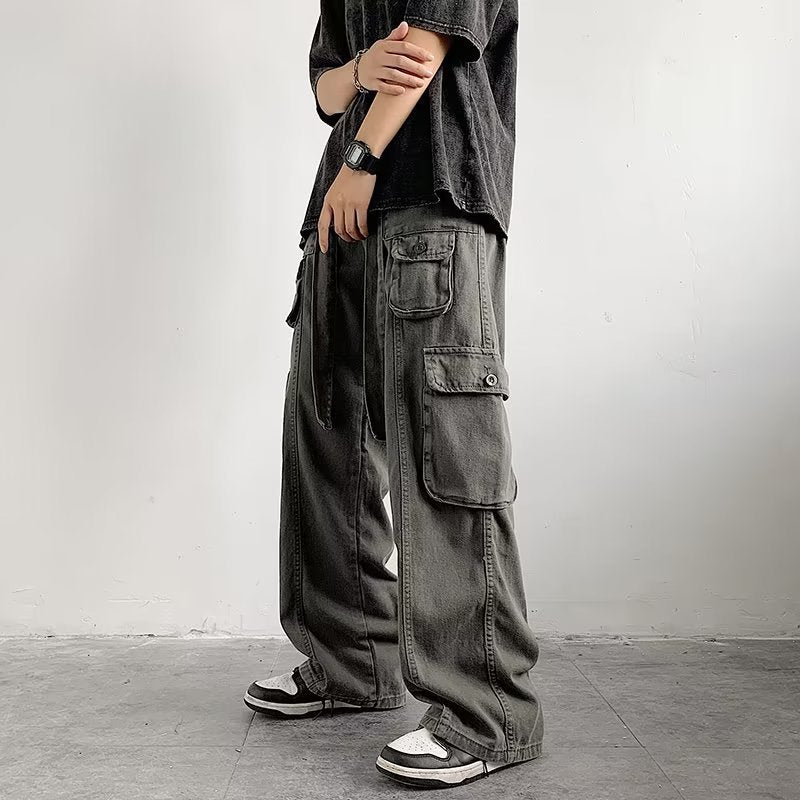 sanyamk 90s fashion men Multi-Pocket Overalls Men's Original American High Street Retro Hip Hop Ruan Handsome Japanese Straight Casual Pants Fashion