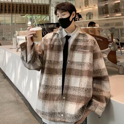 sanyamk mens outfits 2024 Autumn and Winter New American Retro Contrast Color Plaid Cardigan Coat Men's Lazy Casual Loose Woolen Top