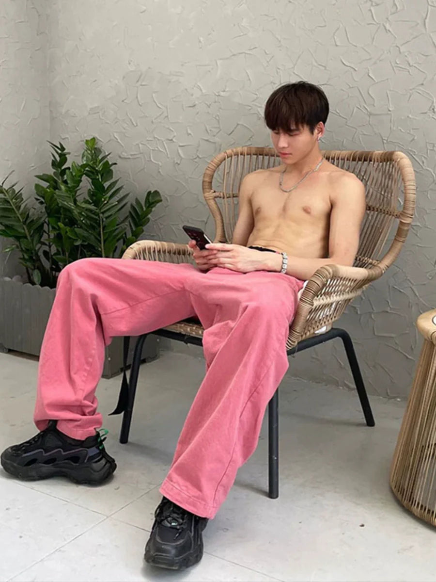 sanyamk Trendy Streetwear Hiphop Pink Boys Summer Oversize Denim Pants