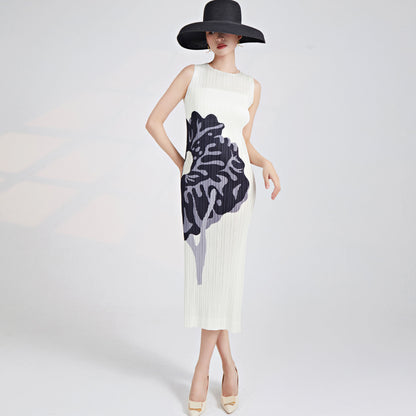 Japanese dress women's summer new counter temperament round neck sleeveless printing high-end pleated long skirt