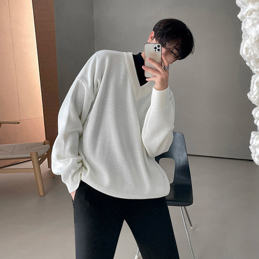 sanyamk fall outfit men Sweater Men's Autumn and Winter Korean Style Trendy Sweater Jacket Loose Lazy Style White V-neck Pullover Sweater