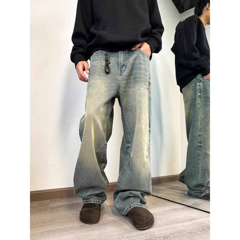 sanyamk 90s streetwear American High Street Vintage Washed Distressed Slimming Jeans Men's Loose Straight Drape Wide Leg Mop Long Pants Fashion