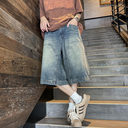 sanyamk 90s streetwear American Retro Workwear Denim Shorts Men's Summer Versatile High Street Vibe Loose Washed Wide-Leg Shorts