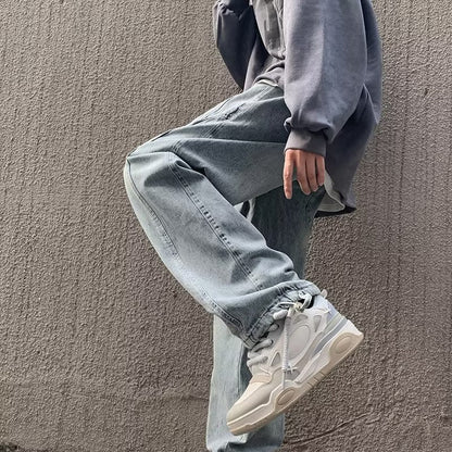 sanyamk 90s streetwear Straight Jeans Men's Spring and Autumn Japanese Men's Washed Blue Loose Wide-Leg Casual Ankle-Tied Pants Men's