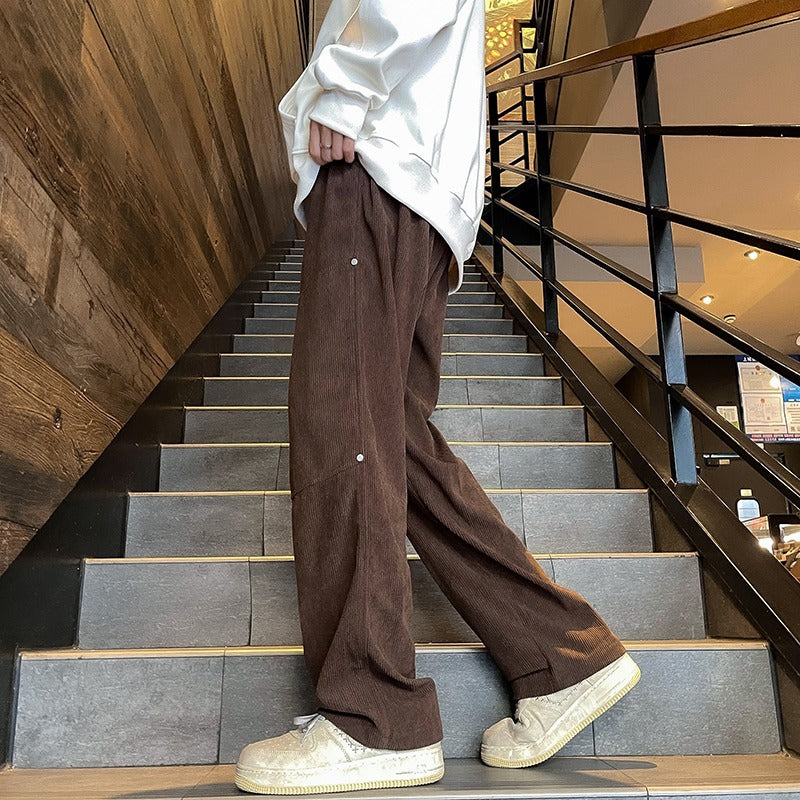 Bonsir men fall outfits casual American Retro Caramel Corduroy Pants Men's Autumn Belt Fixed Maillard Chenille Wide Leg Pants