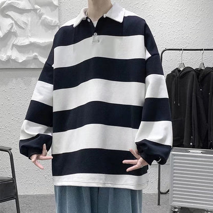 sanyamk rugby shirt outfit Spring and Autumn New Versatile Casual Hong Kong Style Striped Loose Sweater Korean Style Trendy Lapel Polo Shirt Bottoming Shirt