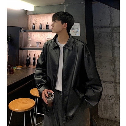 sanyamk mens haircut Leather Coat Men's Autumn Loose Oversize American Retro PU Leather Jacket