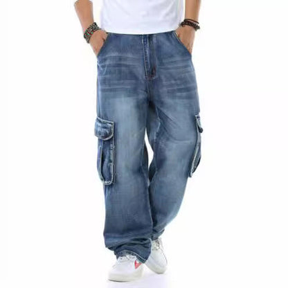 sanyamk 90s fashion men Fat Guy plus Size Fashion Multi-Pocket Wide Jeans plus Size Ins Men's Loose Denim Long Pants