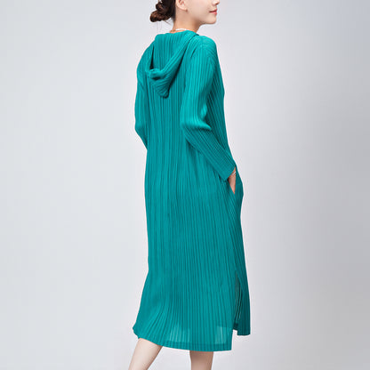 Pleated Skirt Dress Women's Summer Temperament Casual Hooded Long Sleeve Loose Large Size Split Fork Premium Medium and Long Skirt