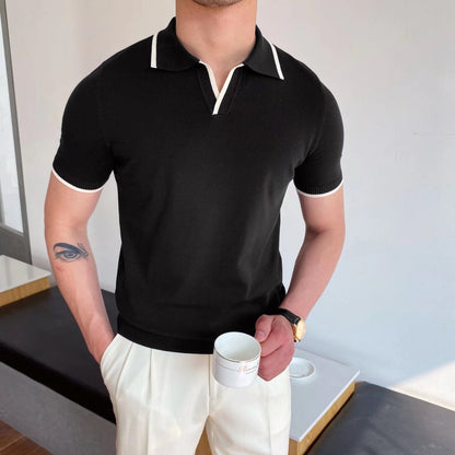 sanyamk masculine men Casual Lapel Polo Shirt Men's Business All-Match Slim Fit Micro Elastic T-shirt Summer Breathable Fashion Knitted Non-Ironing Short Sleeve