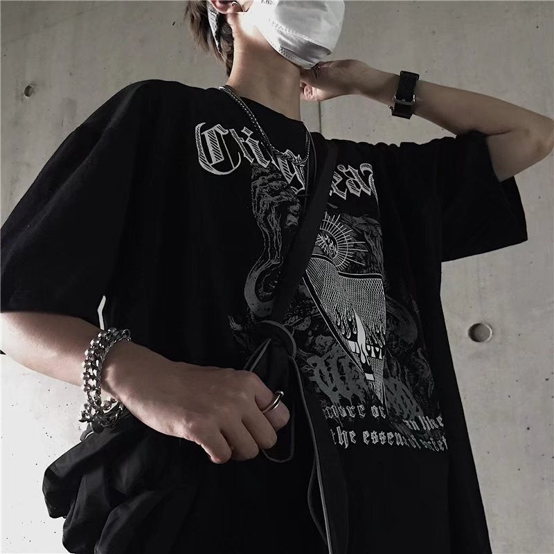 sanyamk 90s streetwear INS Dark Street Hip Hop Personality All-Match Loose round Neck Short Sleeve T-shirt Dark