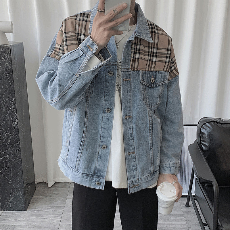 sanyamk mens outfits Denim Jacket Men's Ins Spring and Autumn Hong Kong Style Korean Style Plaid Stitching Loose Casual Jacket Student Top