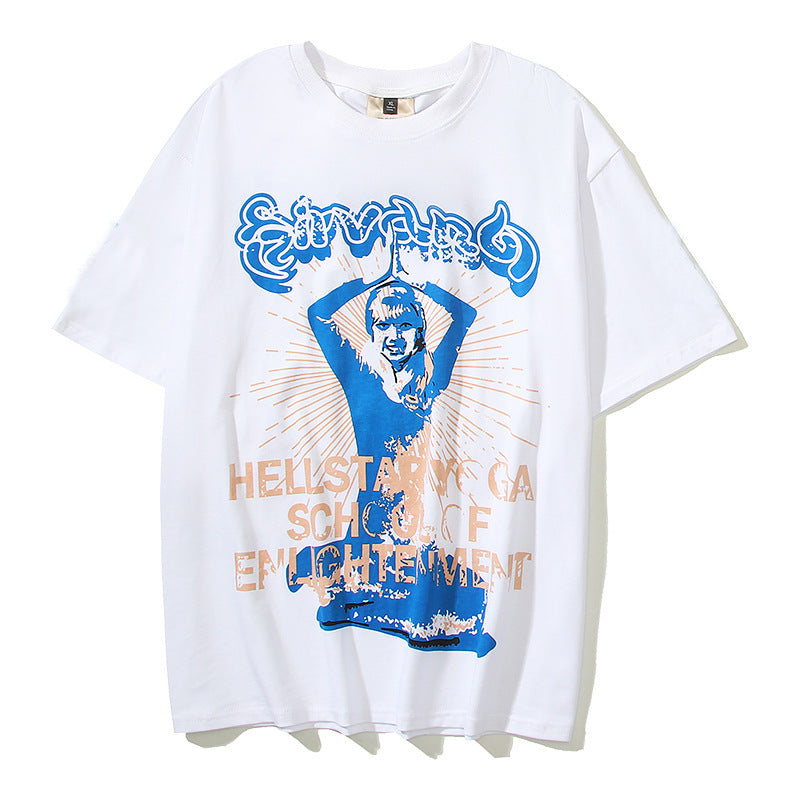 sanyamk discover style ideas 2024 Spring and Summer T-shirt Hell Star Side Goddess Washing Retro Heavy Industry T-shirts American Short Sleeve