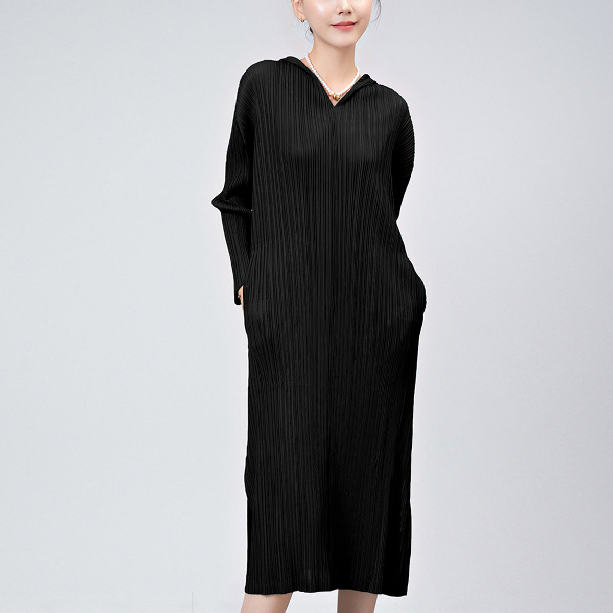Pleated Skirt Dress Women's Summer Temperament Casual Hooded Long Sleeve Loose Large Size Split Fork Premium Medium and Long Skirt