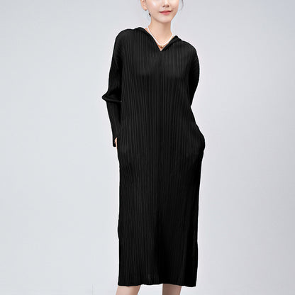 Pleated Skirt Dress Women's Summer Temperament Casual Hooded Long Sleeve Loose Large Size Split Fork Premium Medium and Long Skirt