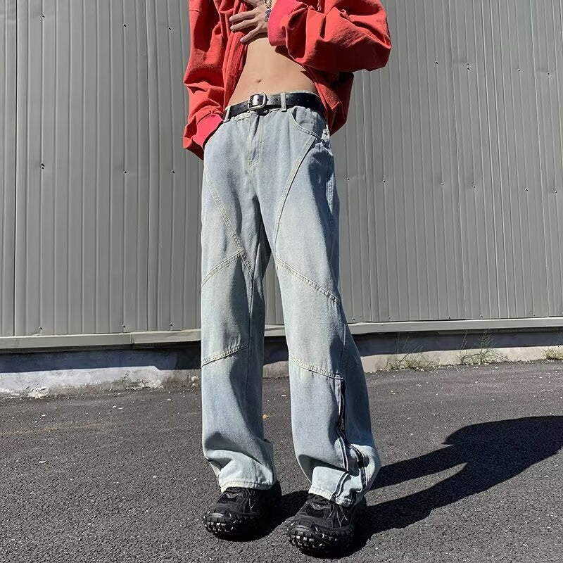 sanyamk 90s streetwear American Retro Zipper Jeans Men's Autumn and Winter 2024 New Washed Straight Flared Pants High Street Vibe