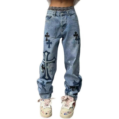 sanyamk 90s streetwear American High Street Original Patch Cross Embroidered Jeans Men's and Women's National Fashion All-Match Slim Slimming Long Pants Fashion