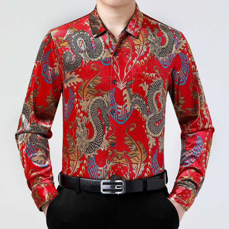 sanyamk older mens fashion Retro Dragon Pattern Long-Sleeved Shirt Men's Autumn and Winter Shirt Men's Casual Western Style Shirt Dad Wear