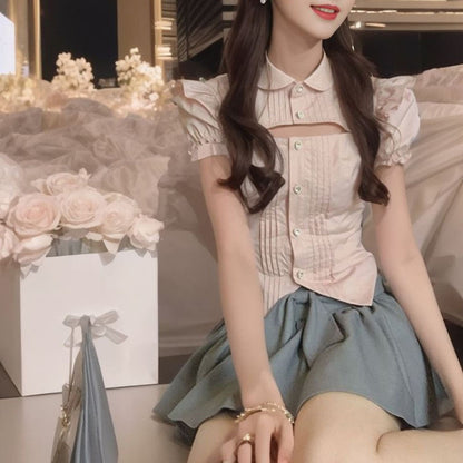 Summer new doll collar short-sleeved hollow shirt top gray bow pleated skirt set L4107