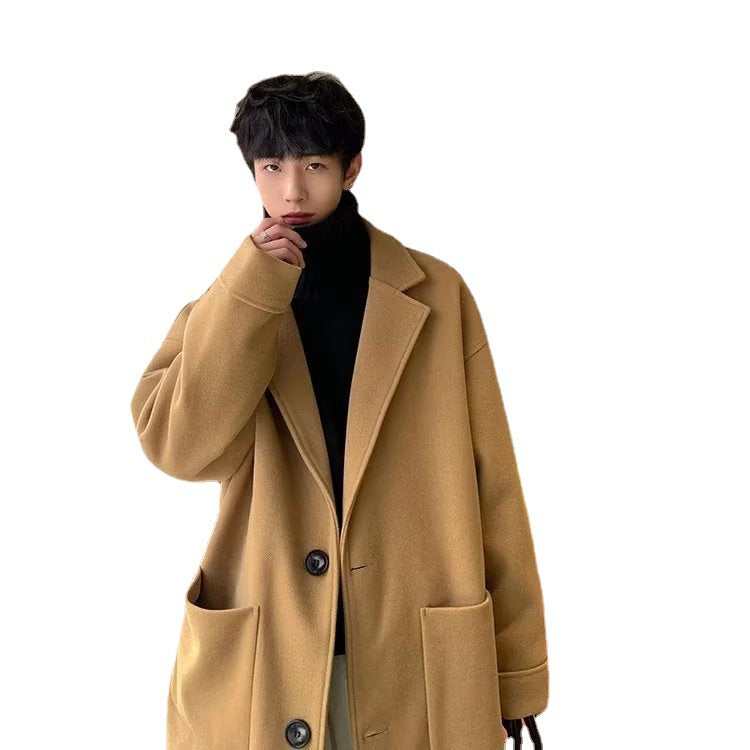 sanyamk old money outfits men Woolen Overcoat Men's Mid-Length Winter High-Grade High Street Black Woolen Trench Coat Winter Thickened Coat Cotton-Padded Coat Fashion