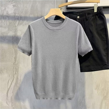 sanyamk men fall outfits Fashionable New Striped Ice Silk Short-Sleeved T-shirt Casual Simple Slim Men's Top Clothes Trendy Sweater