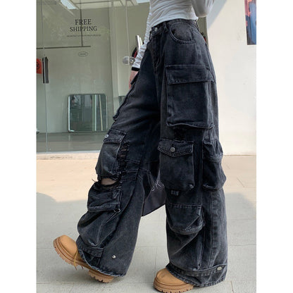 sanyamk non binary outfits American-Style Washed Worn Multi-Pocket Workwear Jeans Women's Street Straight Loose Wide-Leg Trousers