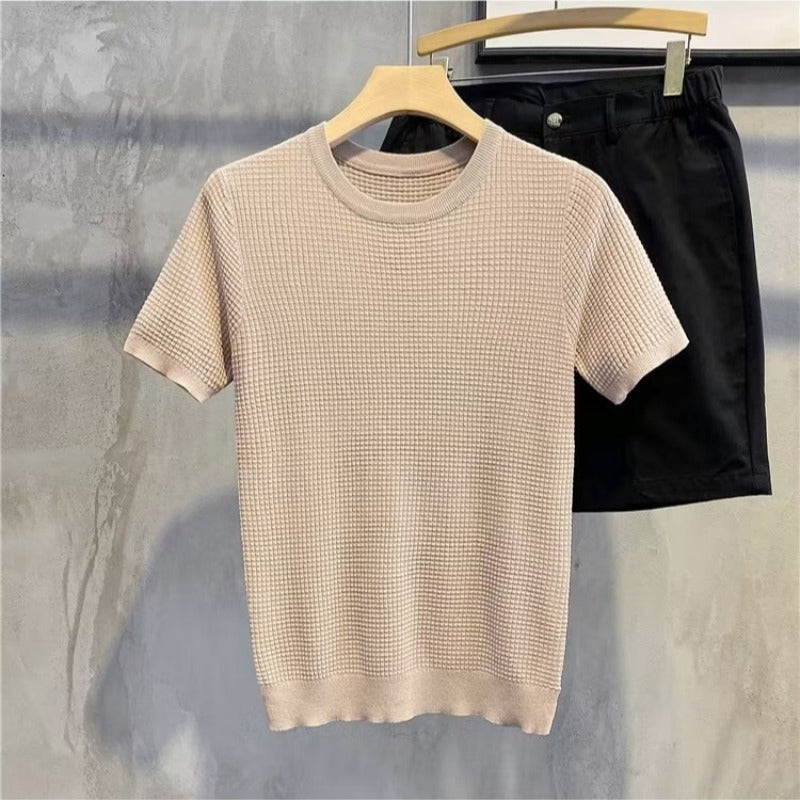 sanyamk men fall outfits Fashionable New Striped Ice Silk Short-Sleeved T-shirt Casual Simple Slim Men's Top Clothes Trendy Sweater