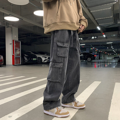 sanyamk 90s fashion men Multi-Pocket Workwear Jeans Men's Autumn and Winter Ins Street Hip Hop Casual All-Match Wide-Leg Mopping Trousers