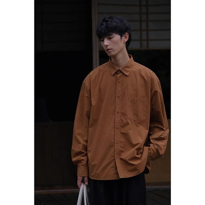 sanyamk mens fall fashion Autumn Basic Japanese Color Loose All-Match Handsome Cream Retro Simple Workwear Long Sleeve Shirt for Men and Women