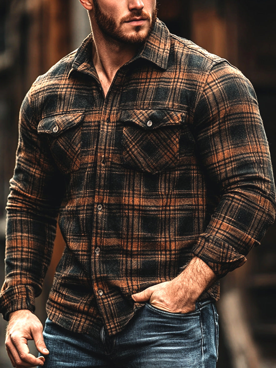 sanyamk winter outfits men 2024 Autumn and Winter Men's New Shirt Men's Plaid Printed Fleece-lined Men's Pocket Shirt