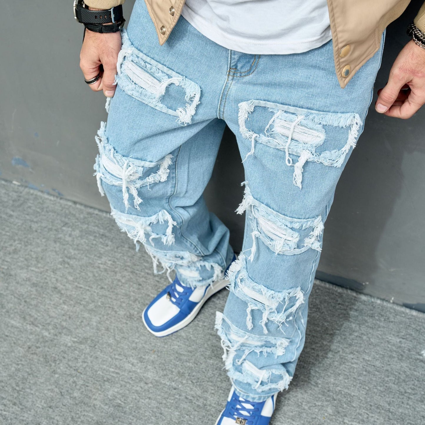 sanyamk 90s fashion men New Men's Jeans Knee Worn Stretch Casual Slim Fit Men's Skinny Pants Fashion