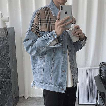 sanyamk mens outfits Denim Jacket Men's Ins Spring and Autumn Hong Kong Style Korean Style Plaid Stitching Loose Casual Jacket Student Top