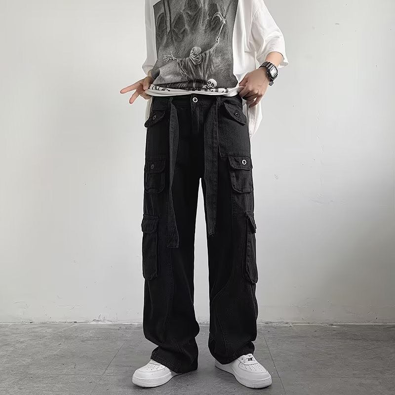 Bonsir 90s fashion men Multi-Pocket Overalls Men's Original American High Street Retro Hip Hop Ruan Handsome Japanese Straight Casual Pants Fashion