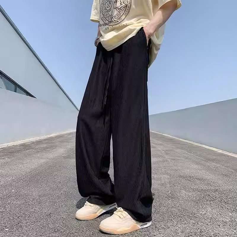 Bonsir fall mens outfits Ice Silk Pants Men's Summer Thin American High Street Fashion High-Grade Ruffle Handsome Drape Straight Wide-Leg Casual Trousers