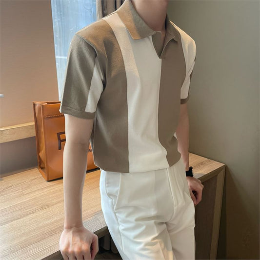 sanyamk mens outfits Korean Style Summer Ice Silk Short Sleeve Gradient Color Matching Men's Polo Shirt Casual Striped Contrast Color Lapel Trendy Breathable Knitted