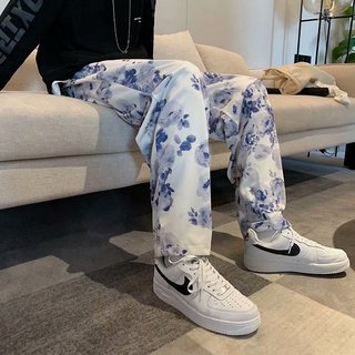 sanyamk starboy outfit Rendering White Casual Pants Men's Autumn Thin Floral Hip Hop Trousers Hip Hop Couple Loose Straight Wide Leg Pants