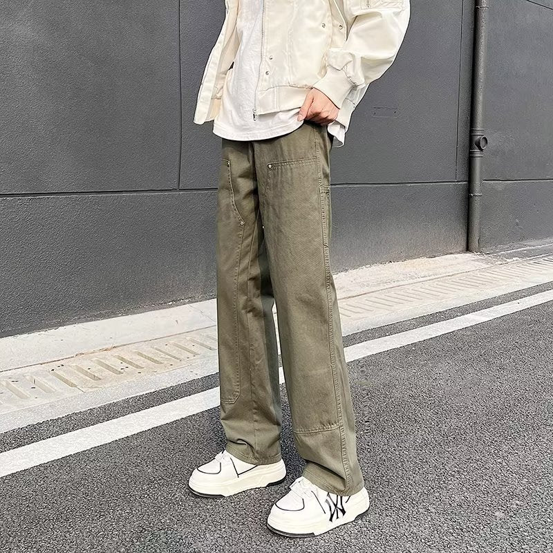 Bonsir fall outfit men Army Green Logging Pants Men's Autumn American High Street Vibe Straight Pants Loose Ruan Handsome Casual Overalls Boys