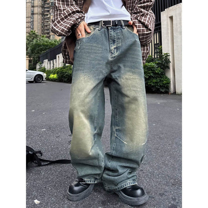 sanyamk 90s streetwear American High Street Vintage Washed Distressed Slimming Jeans Men's Loose Straight Drape Wide Leg Mop Long Pants Fashion