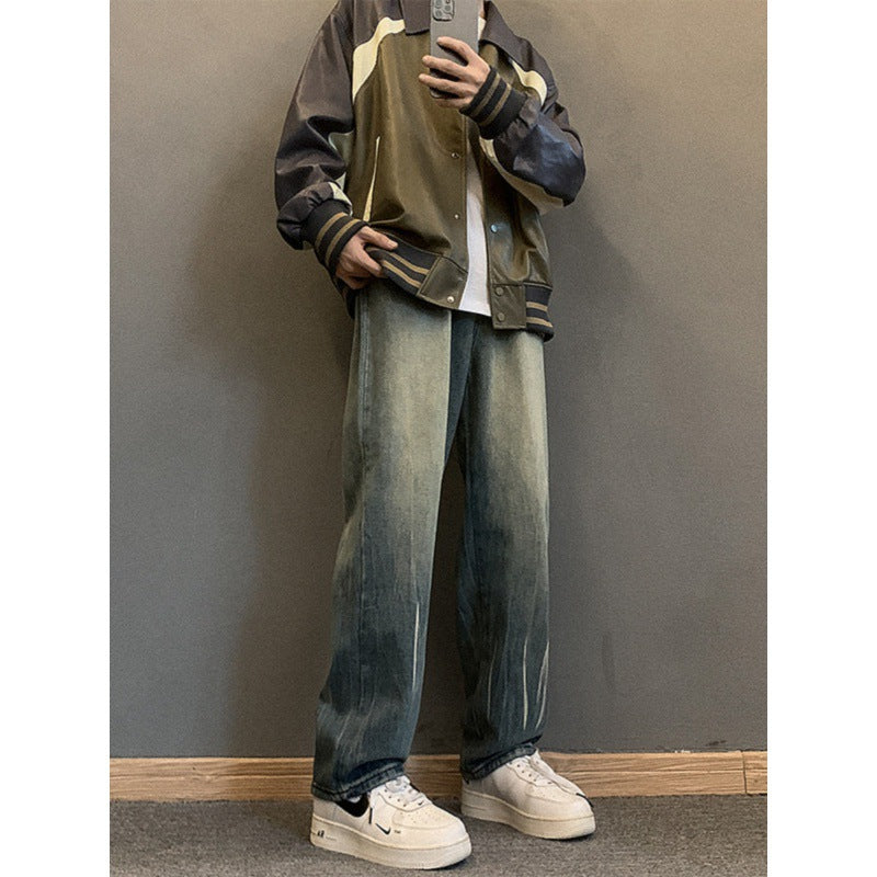 sanyamk masc outfits Washed Jeans Men's Autumn and Winter Ruoshuai Loose Straight Fashion Pants Men's American Retro Casual Trousers