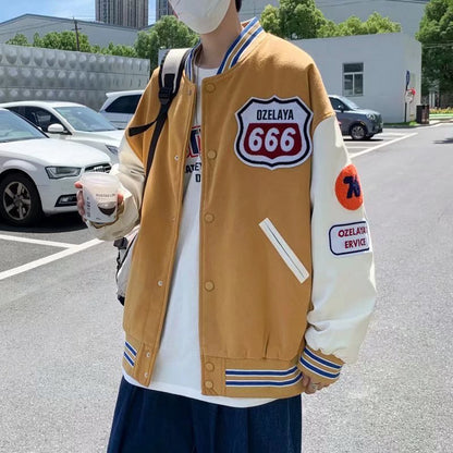 sanyamk 90s Fashion Men Baseball Jacket Men's Spring and Autumn Loose Korean Style Trendy Ins Stitching Contrast Color Letter Casual Top Coat