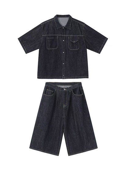 sanyamk boy outfits Summer New Denim Suit Men's American Street Loose Casual Dark Blue Shirt Wide Leg Cropped Pants Two-Piece Set