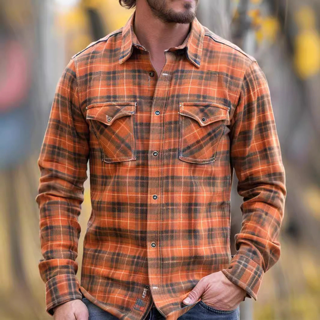 sanyamk winter outfits men 2024 Autumn and Winter Men's New Shirt Men's Plaid Printed Fleece-lined Men's Pocket Shirt